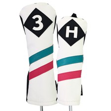 Majek Golf 3 H Wood Hybrid Headcover White w/ Teal Pink Stripe Leather Style