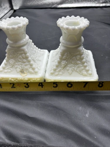 Vintage Westmoreland 2 White Milk Glass Square Candle Holders With Grape Pattern