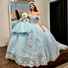 Sky Blue Quinceanera Dresses Off Shoulder Applique Backless Bow Party Ball Gowns