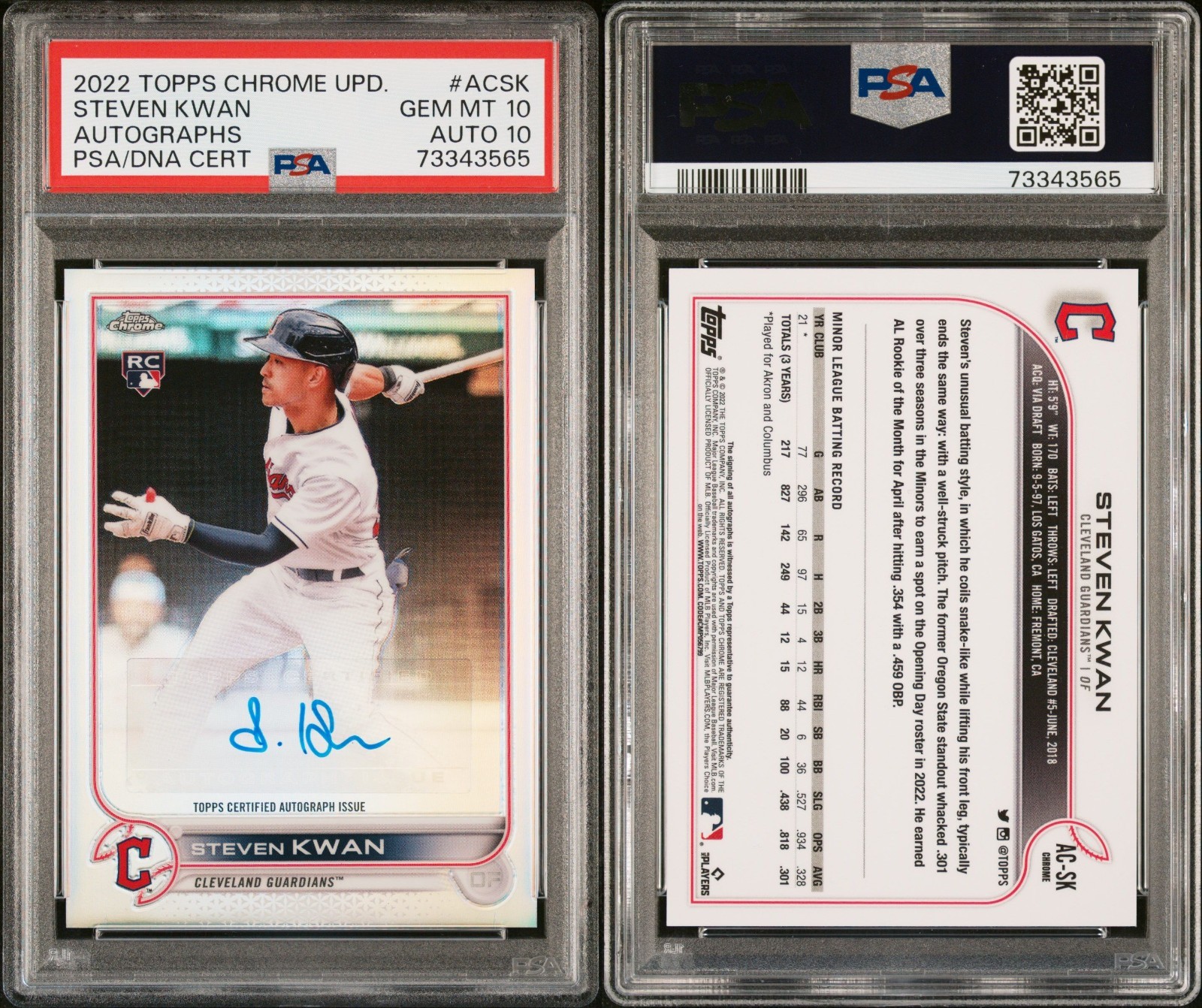 PSA 10 2022 Topps Chrome Update Autographs #ACSK Steven Kwan RC Guardians POP17