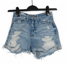 AMERICAN EAGLE AEO Blue Denim MOM JEAN SHORTS Mid Rise DESTROYED RIPPED Sz 00