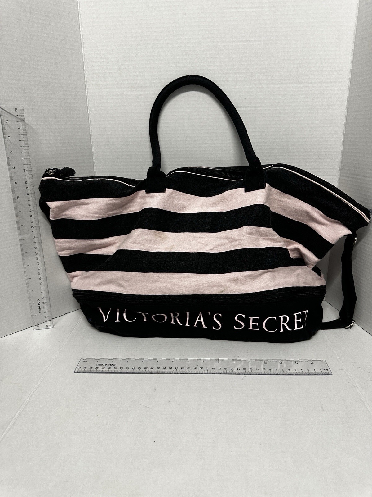 Victoria's Secret Expandable Weekender Duffle Tote Bag Pink Black Stripe Flawed