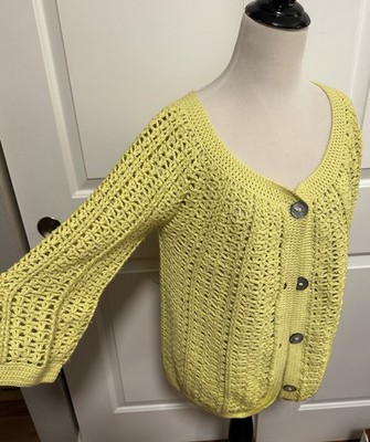 Pure Handknit Cardigan Sweater  M/L Lime Green Chunky Knit Button Front Boho