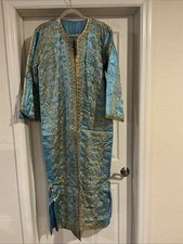 Turquoise Kimono Style Duster Coat Caftan Gold Embroidery Lined
