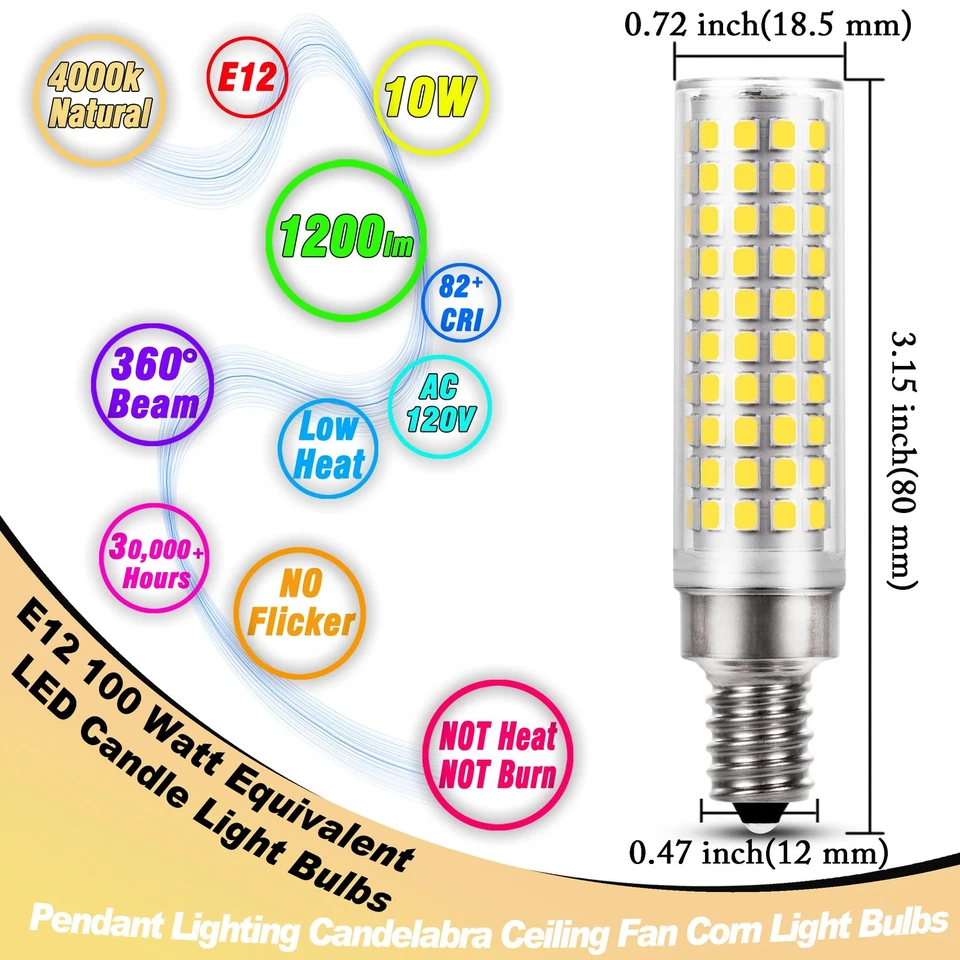 E12 100 Watt Equivalent LED Corn Bulbs 10W 4000K Natural White 1200lm 120V C7... - Image 2 of 4