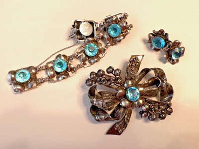 40s Sterling Silver Hobe Vintage Signed Parure of Brooch, Bracelet and Earrings