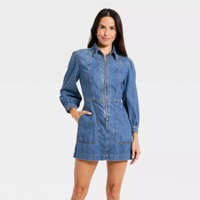 Women's Long Sleeve Zip Front Midi Denim Dress - Universal Thread Medium
