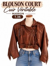 Giorgio veste cuir véritable marron à franges ceinturée courte femme T36