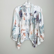 Chicos Size 2 Large Open Front Multicolor Linen Jacket Watercolor 3/4 Sleeve