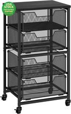 Rolling Storage Cart 4 Drawer Metal Utility Organizer with Wood Top Black