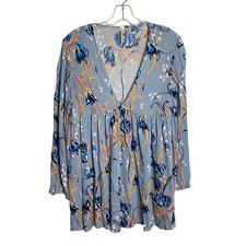 Free People Blue Floral Babydoll Mini Dress Tunic Long Sleeve V-Neck Small