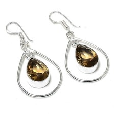 Smoky Quartz Gemstone Handmade 925 Sterling Silver Jewelry Earring Size 1.9"