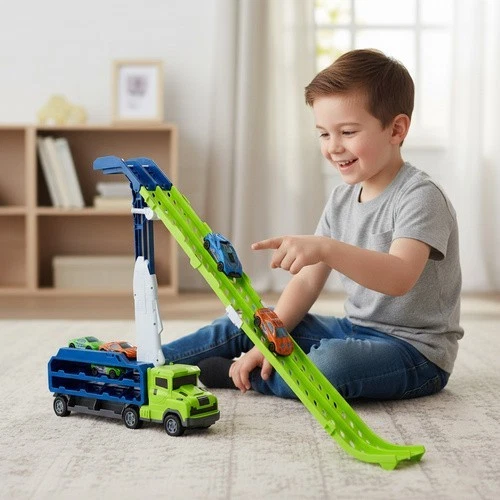 Camion giocattolo bambini con 6 auto in metallo a retrocarica pista garage gioco - Immagine 2 di 4