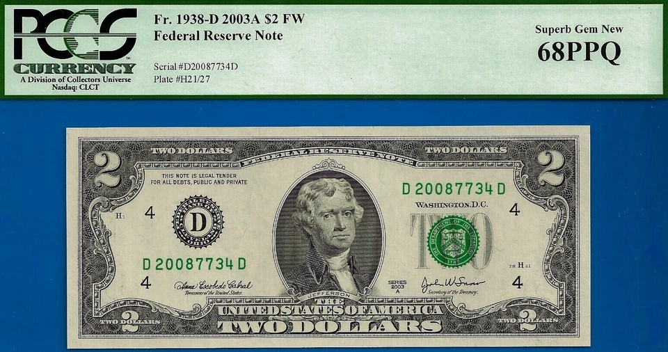 2003A $2 Federal Reserve Note PCGS 68PPQ top pop 1/0 SOLE Finest Fr 1938-D - Image 3 of 4