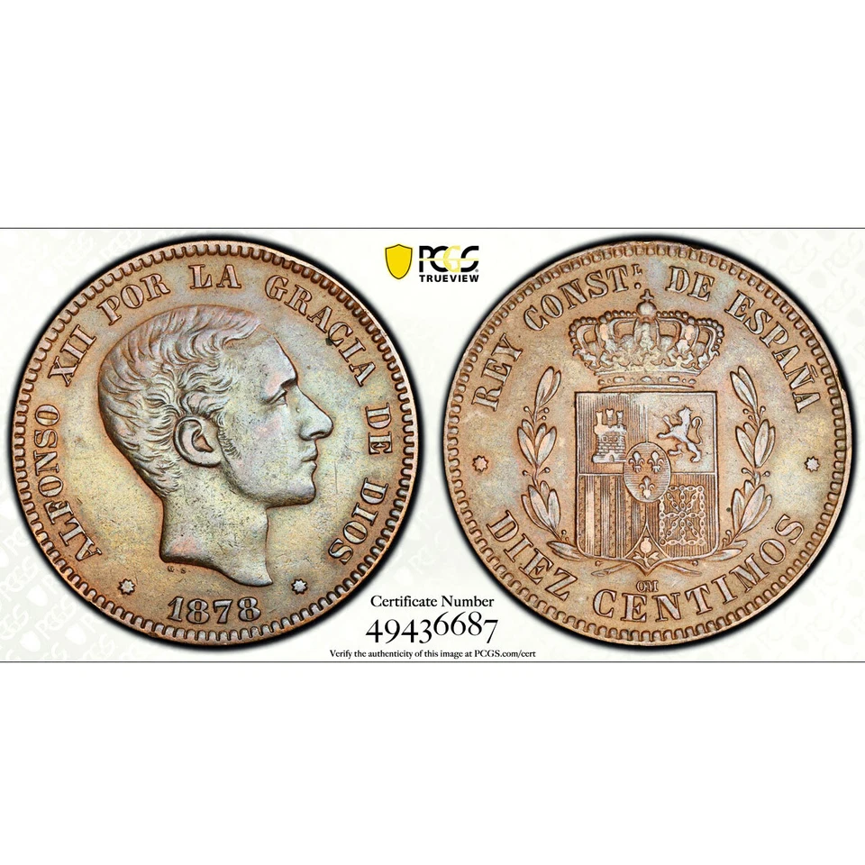 Spain 10 centimos King Alfonso XII Coinage OM KM-675 AU50 PCGS bronze coin 1878 - Image 4 of 4