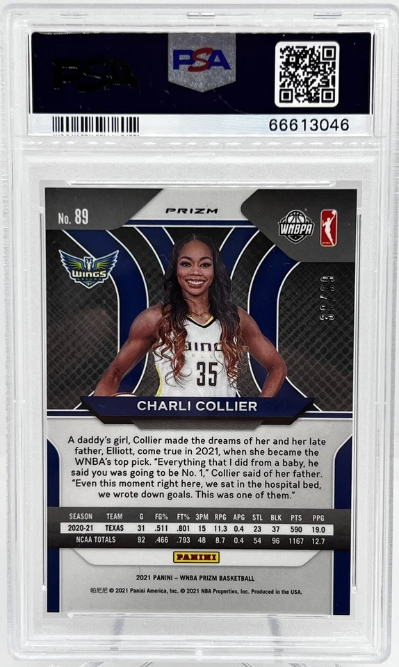 2021 Panini Prizm WNBA Purple Prizm /99 Charli Collier #89 Rookie RC PSA 9 MINT - Image 2 of 3