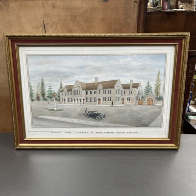 Original antikes Architektur Gemälde Skizze Zeichnung signiert 1947