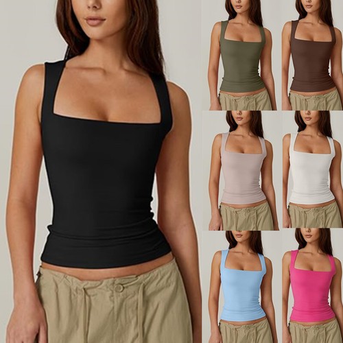 NEU Damen ärmellos Träger Tank quadratischer Ausschnitt Training Fitness Freizeit Crop Tops - Bild 1 von 21