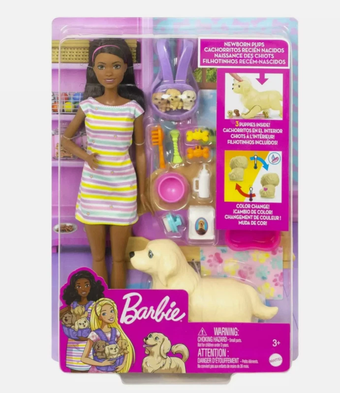 Boneca Barbie filhotes recém-nascidos conjunto de brinquedo com boneca morena, cachorro mamãe grávida + 3 filhotes - Imagem 2 de 4