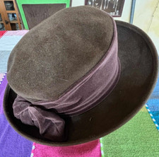 Eric Javits Chocolate Brown Wool Felt Hat Wide Brim Velvet Band Womens USA Made