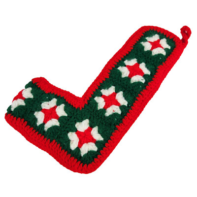 Vtg Granny Square Christmas Stocking Red & Green Crochet 12'' Long Retro Kitsch