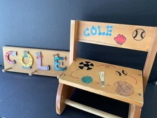 Personalized Hand Painted Wooden Sit & Stand Step Stool & Coat Rack "COLE"