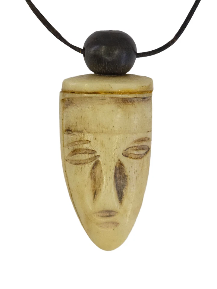 COLGANTE DE FIANZA DE MADERA NEGRA CARA ASIÁTICA ABSTRACTA TALLADA A MANO DE COLECCIÓN + CORDÓN DE CUERO Foto 3 de 4