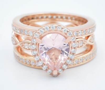 ECHT 2,18 ct MORGANIT & WEISSER SAPHIR SET 3 RING 925 SILBER (Rose Finish)