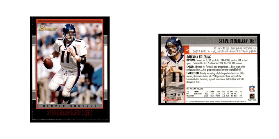 2001 Bowman Steve Beuerlein Football Cards #77 - Image 3 of 3