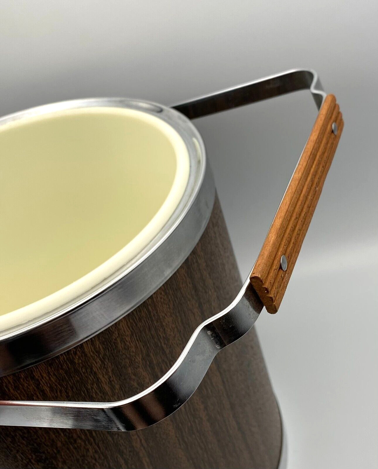 Vintage Kromex Faux Wood Grain Chrome Insulated Ice Bucket 11" Barware MCM USA