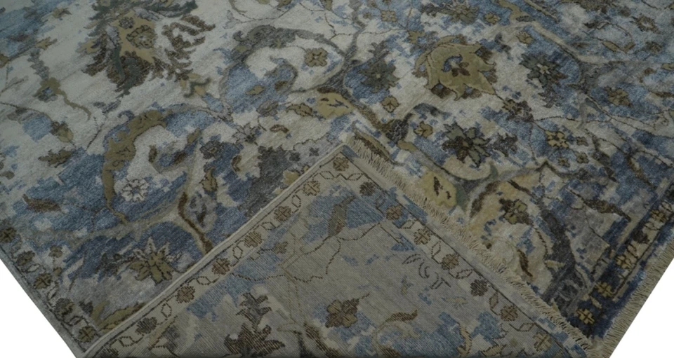 8x10 ft. Handmade Blue/Silver Transitional Floral Oushak Living Room Carpet - Image 3 of 4