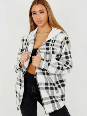 Ladies Oversized Black and White Checky Hoodie Shacket Jacket