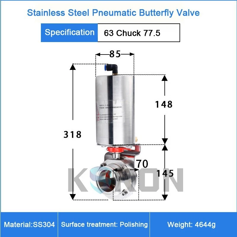2-1/2'' Sanitary Pneumatic Butterfly Valve SS304L Clamp OD 77.5mm Single Acting - Image 2 of 4
