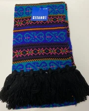 GITANO brand  thick Winter Scarf multi-color with black fringe 100% acrylic NWT