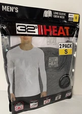 2 Pack 32 Degrees Heat Men's GRAY/WHITE Crew Base T-Shirt Long Sleeve SMALL Tee