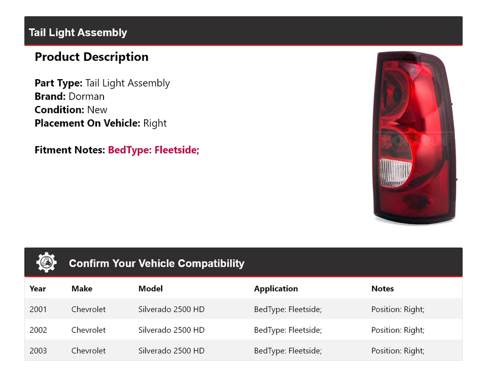 Conjunto de luz trasera derecha 2002 para Chevrolet Silverado 2500 HD 2001-2003 Dorman Foto 2 de 4