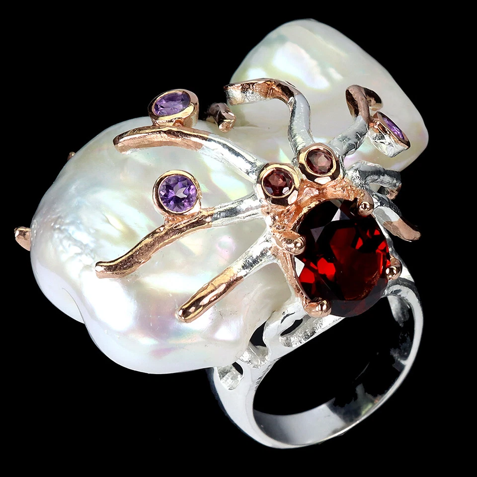 Anillo de plata de ley 925 perla amatista rodolita hecho a mano pulpo joyería 7 Foto 2 de 4
