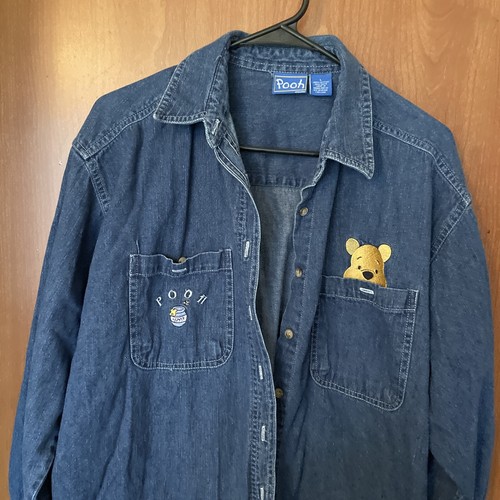 Vintage Disney Winnie the Pooh Denim Shirt Womens Large Blue Long Sleeve Classic - Picture 5 of 7
