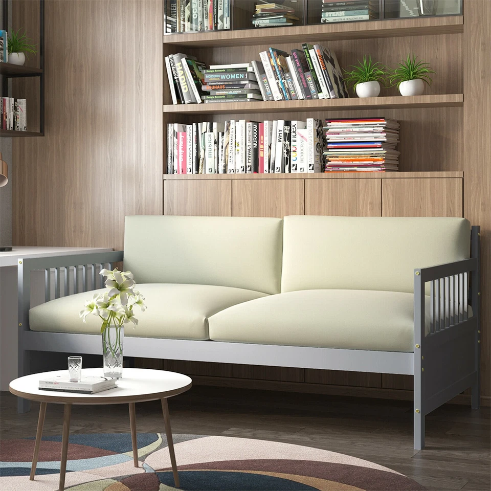 Sofá cama sofá cama listones de madera tamaño doble plataforma resistente con rieles gris Foto 4 de 4