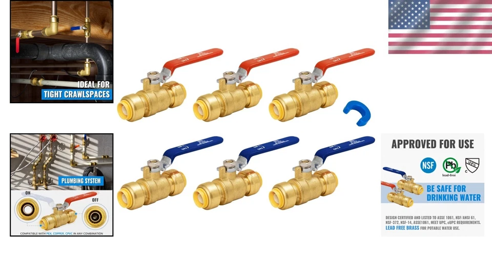 6 Pack 1/2" Push-to-Connect Ball Valves, Red & Blue Handles - Image 2 of 4