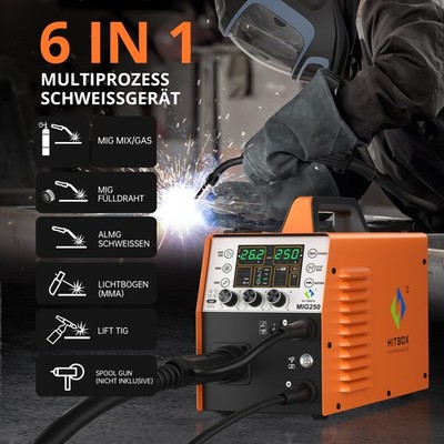 HITBOX 6IN1 MIG Schweißgerät Gasless 250A LCD Aluminium VRD 2 Jahre Garantie DE
