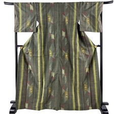 JAPANESE KIMONO FINE PATTERN BROWN-GREEN 169.5cm 5 ft 7 in PURE SILK B0343
