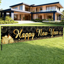 Happy New Year Banner 20x120 Inch Black Gold Yard Sign Party Decorations 2026