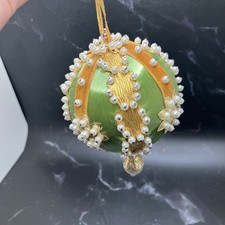 Vtg Christmas Push Pin Ornament Green Satin Bead Sequin Jewel Tassel Pearl
