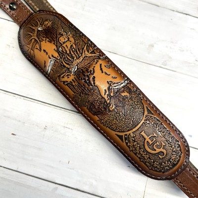 1991 L.C. Smith 1075 Capital Leather Series Rifle Sling Padded w/ Elk Scene