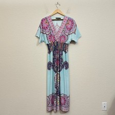 CALESAS Maxi Dress Womens Sz M Multi Floral Smocked SS Boho Hippie Babydoll NWOT
