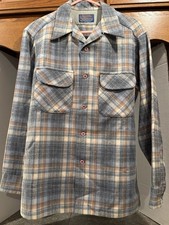 Vintage 100 Wool Pendleton Loop Collar Size Medium Plaid Blue Gray Beige USA