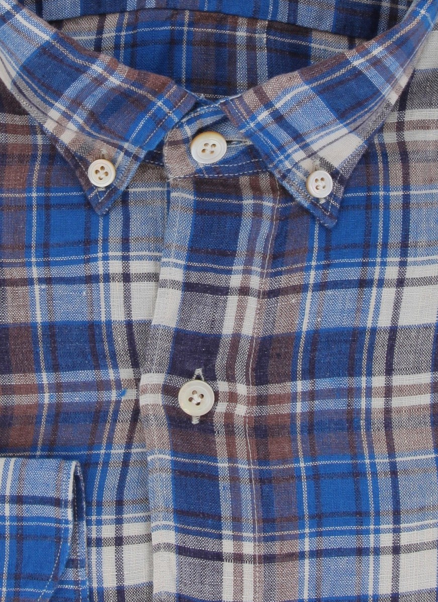 Finamore Napoli Blue Plaid Linen Shirt - Extra Slim - 17.5/44