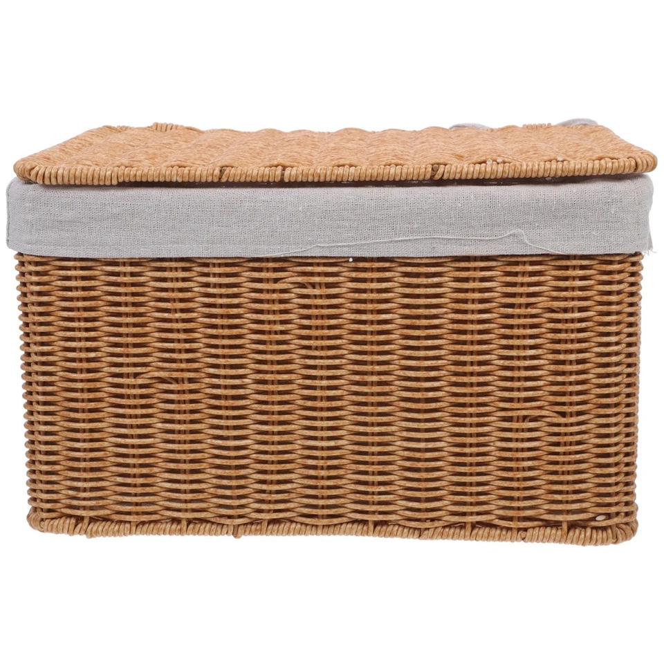 Rectangular Rattan Storage Basket With Lid Woven Wicker Box With Liner Sundries - Image 3 of 4