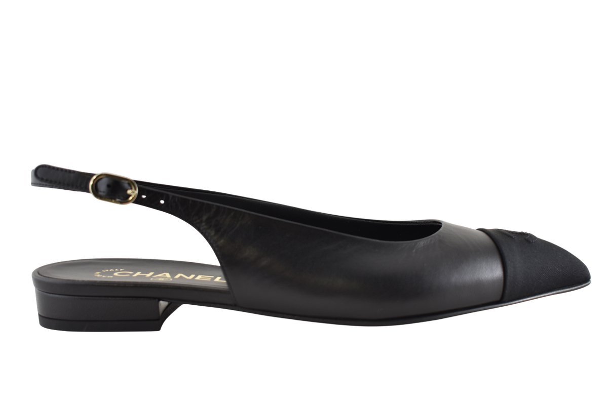 Chanel 24A Black Leather CC Logo Coco Sling Slingback Pointed
